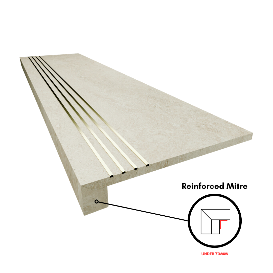Bespoke Tile Step Fabrication - Mitre & Glued "Reinforced Mitre" Profile (max 70mm lip height)