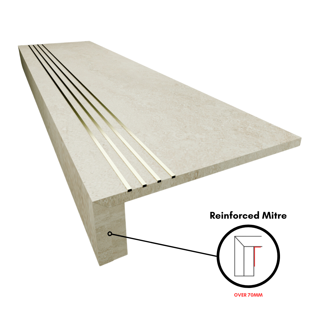 Bespoke Tile Step Fabrication - Mitre & Glued "Reinforced Mitre" Profile (over 70mm lip height)