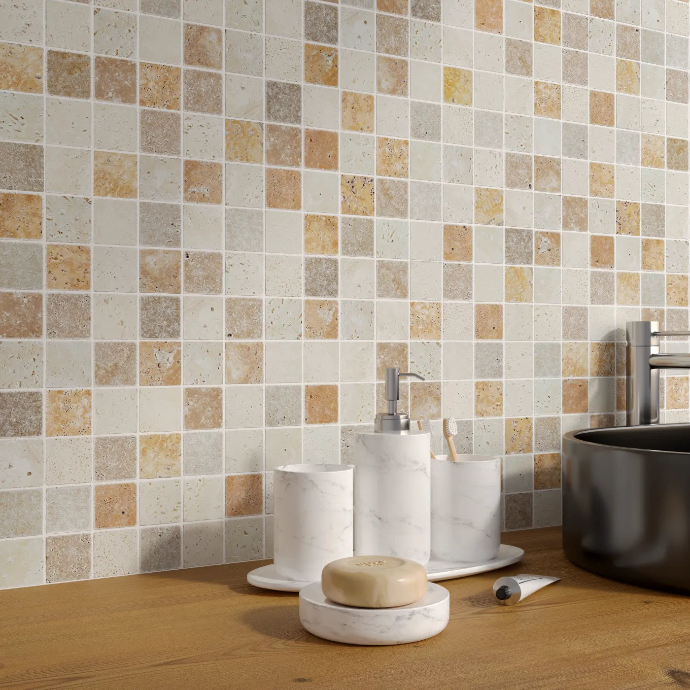 Classico-Giallo-Noce Tumbled Travertine Mosaic