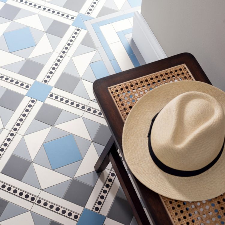 Lindisfarne - Blue, Dover White, Grey & Revival Grey with Melbourne Black on Dover White