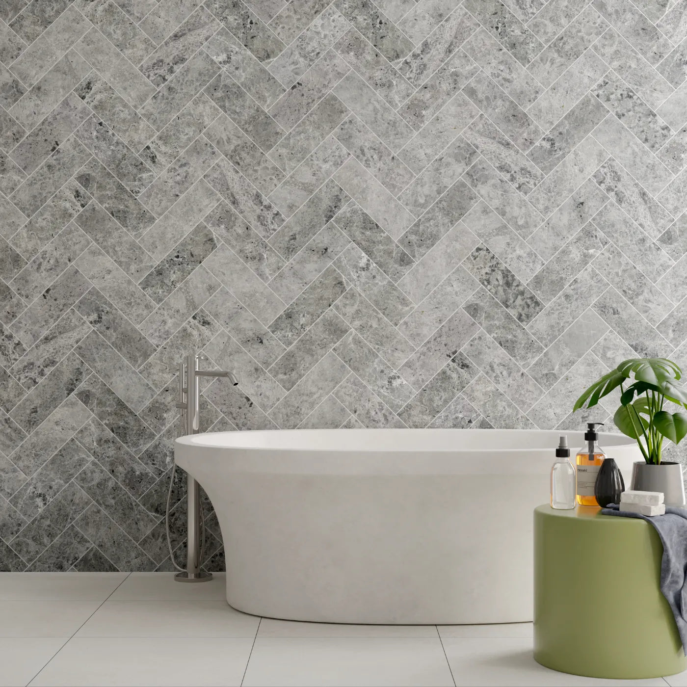 Silver Moon Honed Marble Herringbone