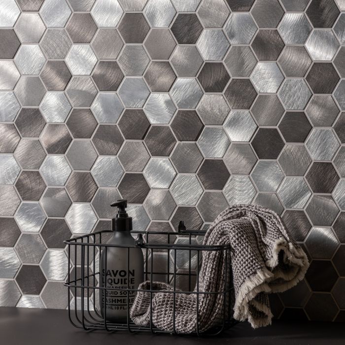 Rhea Grey and Silver Mixed Hexagon Mosaic