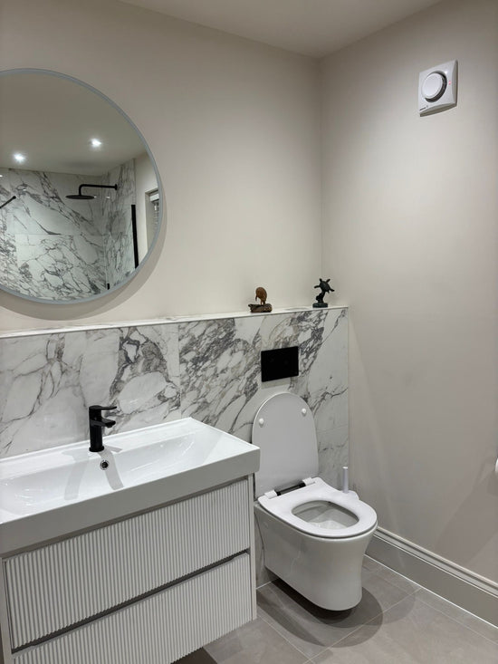 Elementa Arabescato and Warehouse Cloud Grey - Bathroom Renovation, North Yorkshire