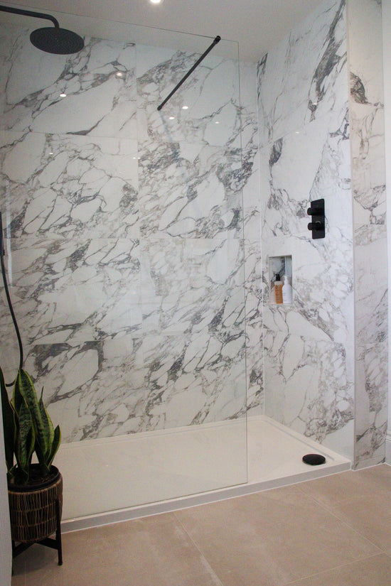 Elementa Arabescato and Warehouse Cloud Grey - Bathroom Renovation, North Yorkshire