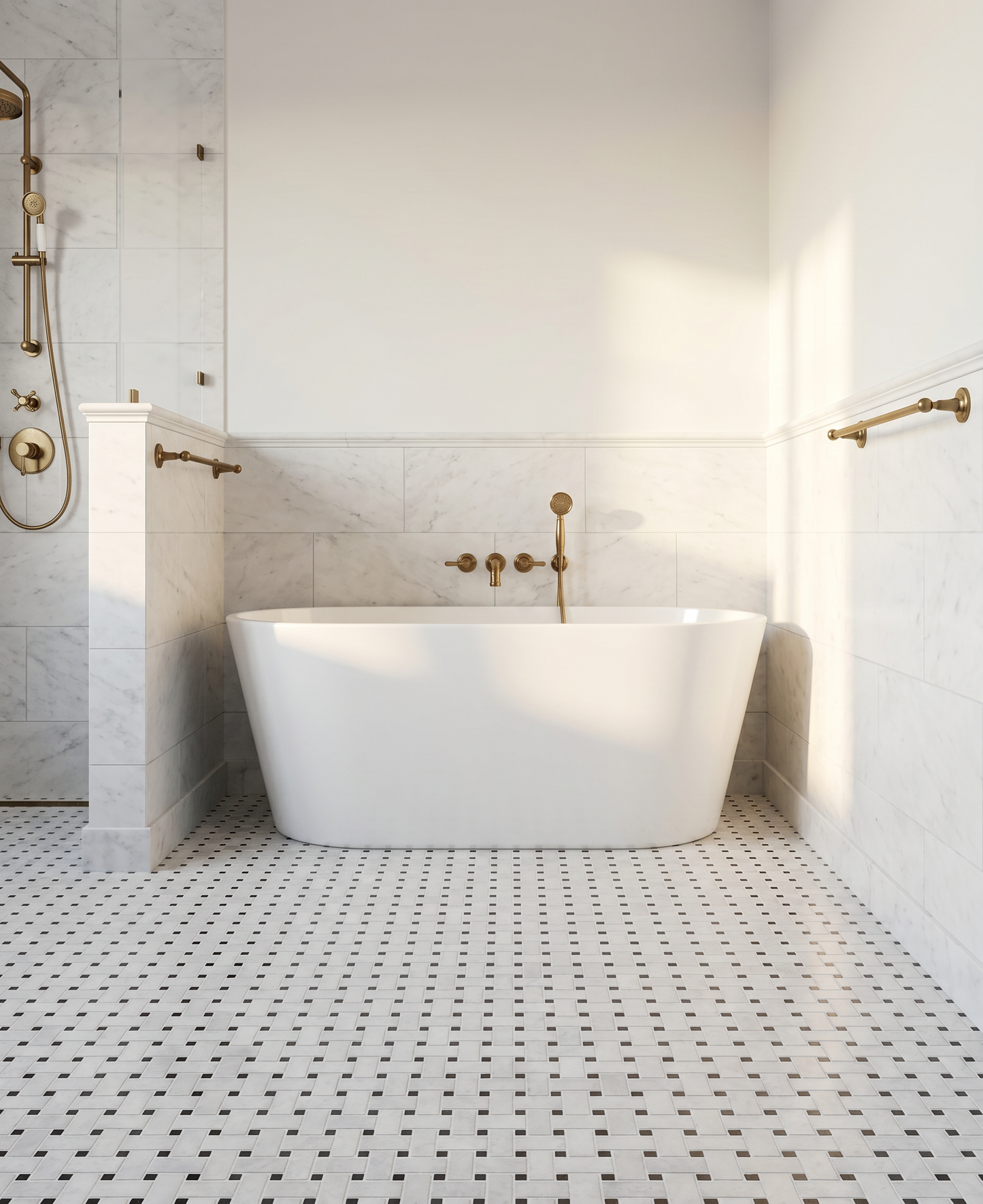Alpi Carrara Marble Honed Basketweave Nero Dot Mosaics