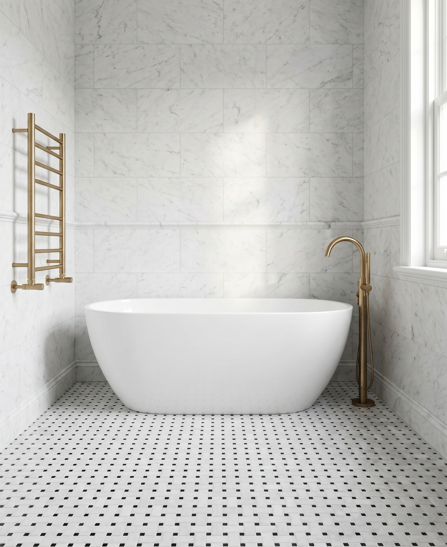 Alpi Carrara Marble Honed Basketweave Nero Dot Mosaics
