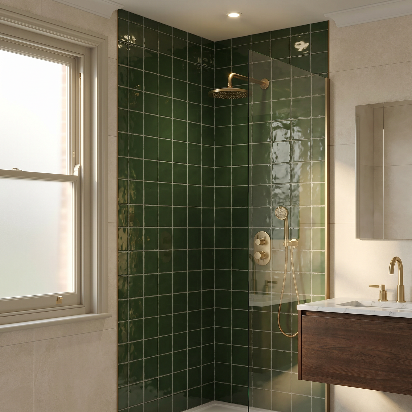 Modern bathroom with green tiled shower, wooden vanity, and large window.