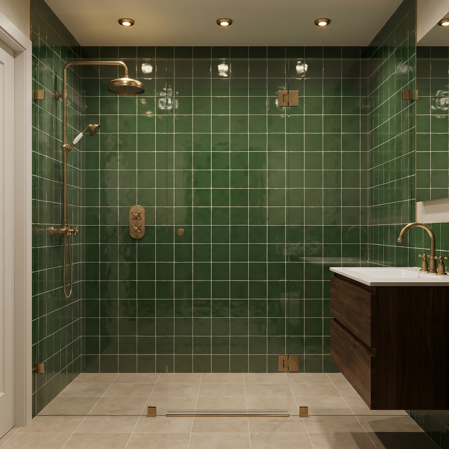 Bathroom with green tiled walls, wooden vanity, and shower fixtures.