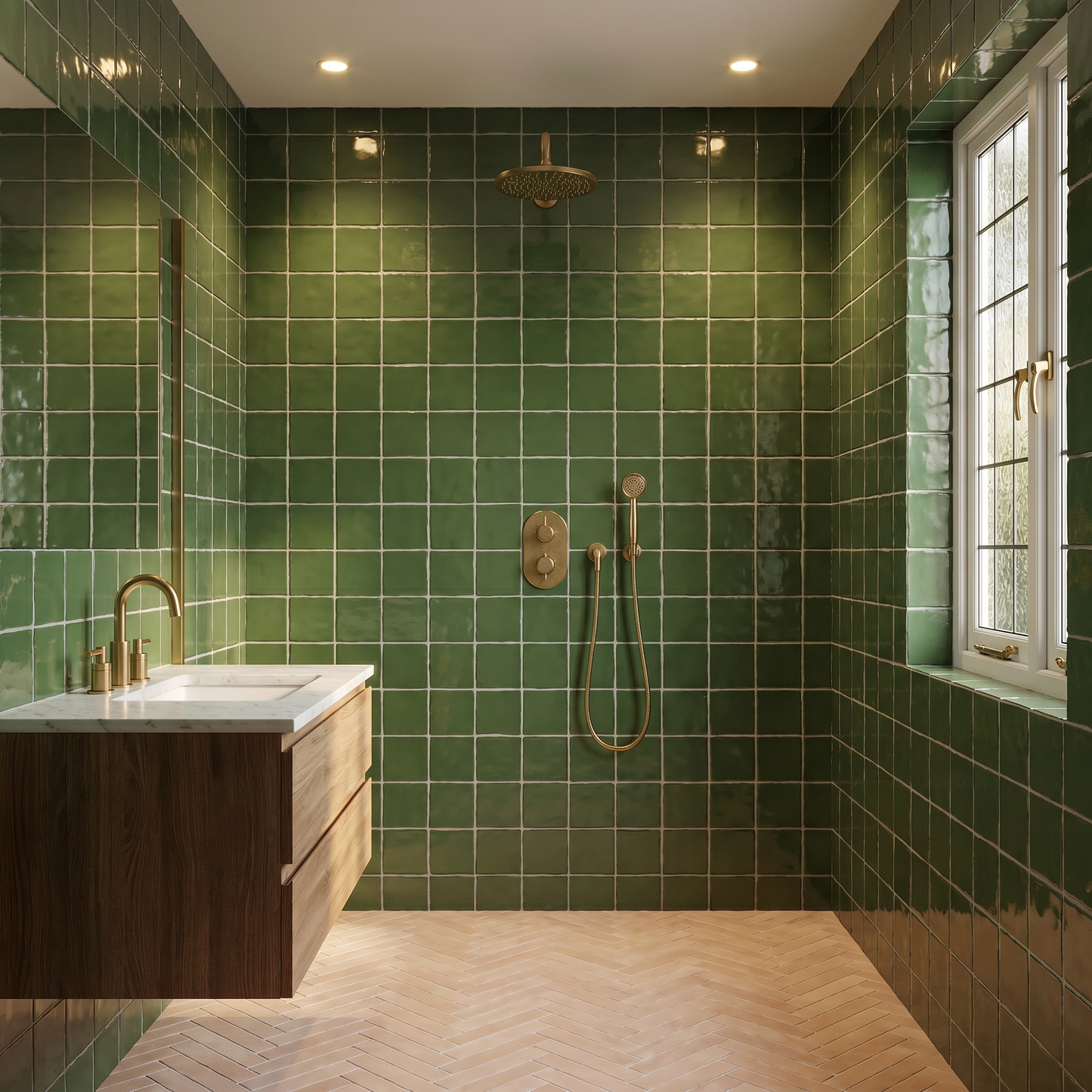 Modern bathroom with green tiled walls and wooden vanity.