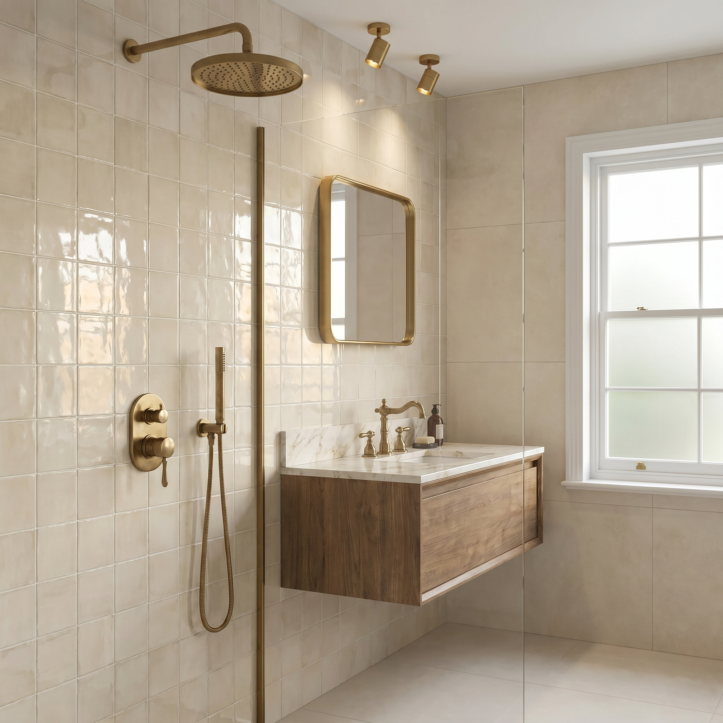 Modern bathroom with tiled walls, a shower setup, and a vanity with a mirror.