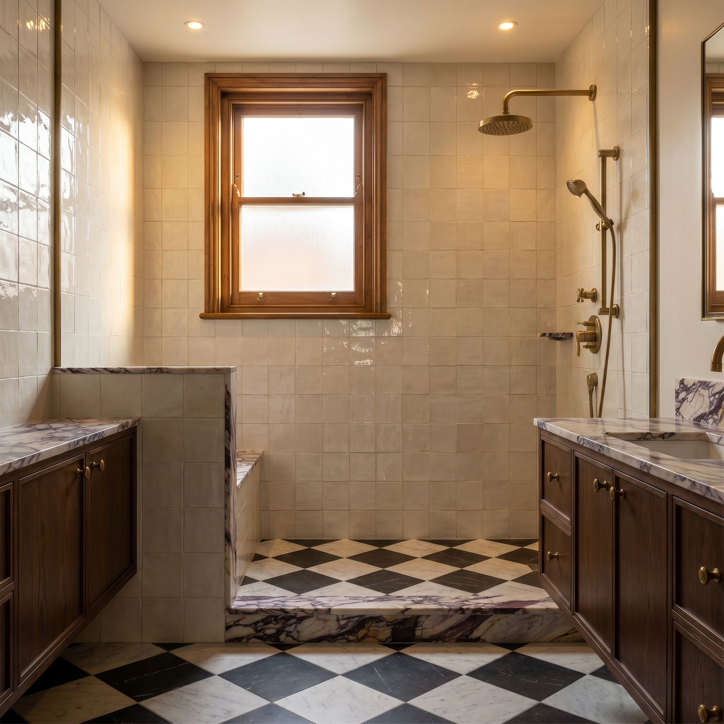 Bathroom with tiled walls, checkered floor, and wooden fixtures.