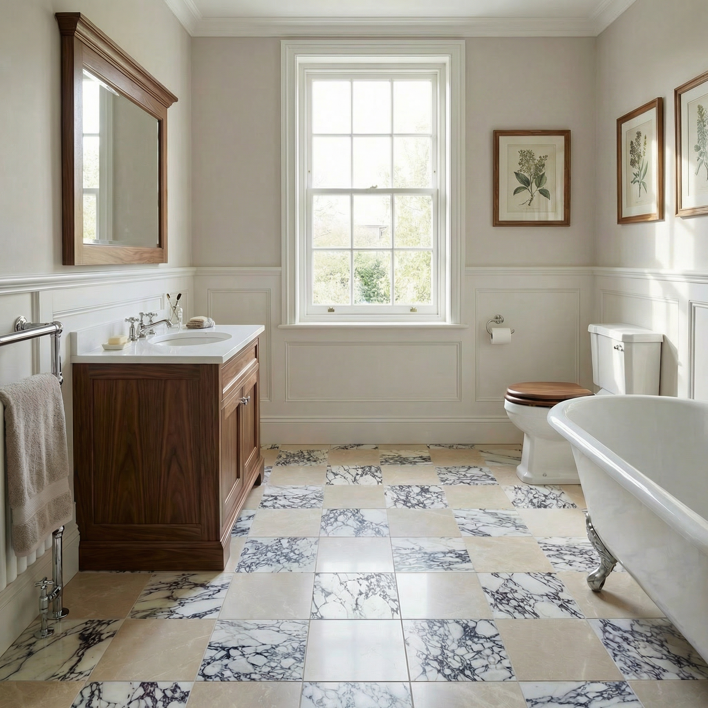 Crema Velato and Calacatta Viola Honed Marble Chequerboard