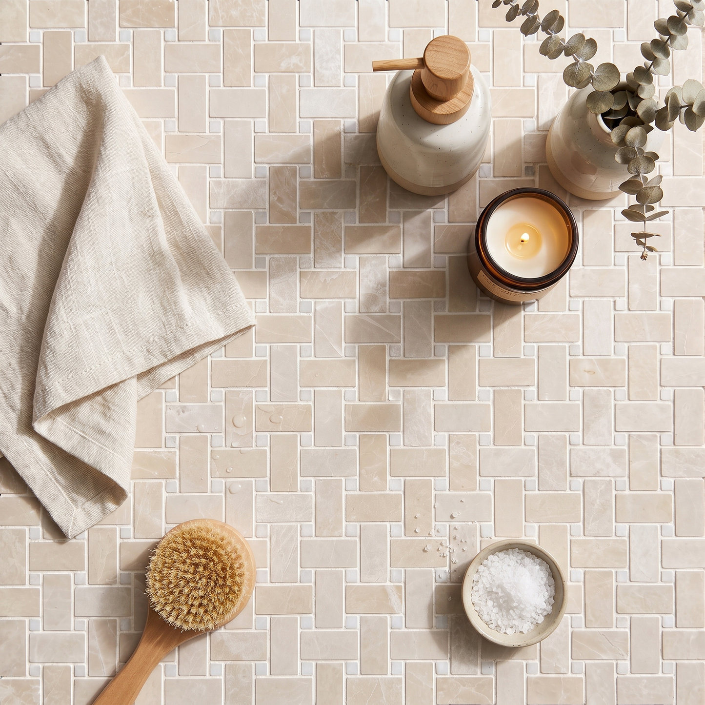 Crema Velato Marble Honed Basketweave (Venti Carrara Dot) Mosaic