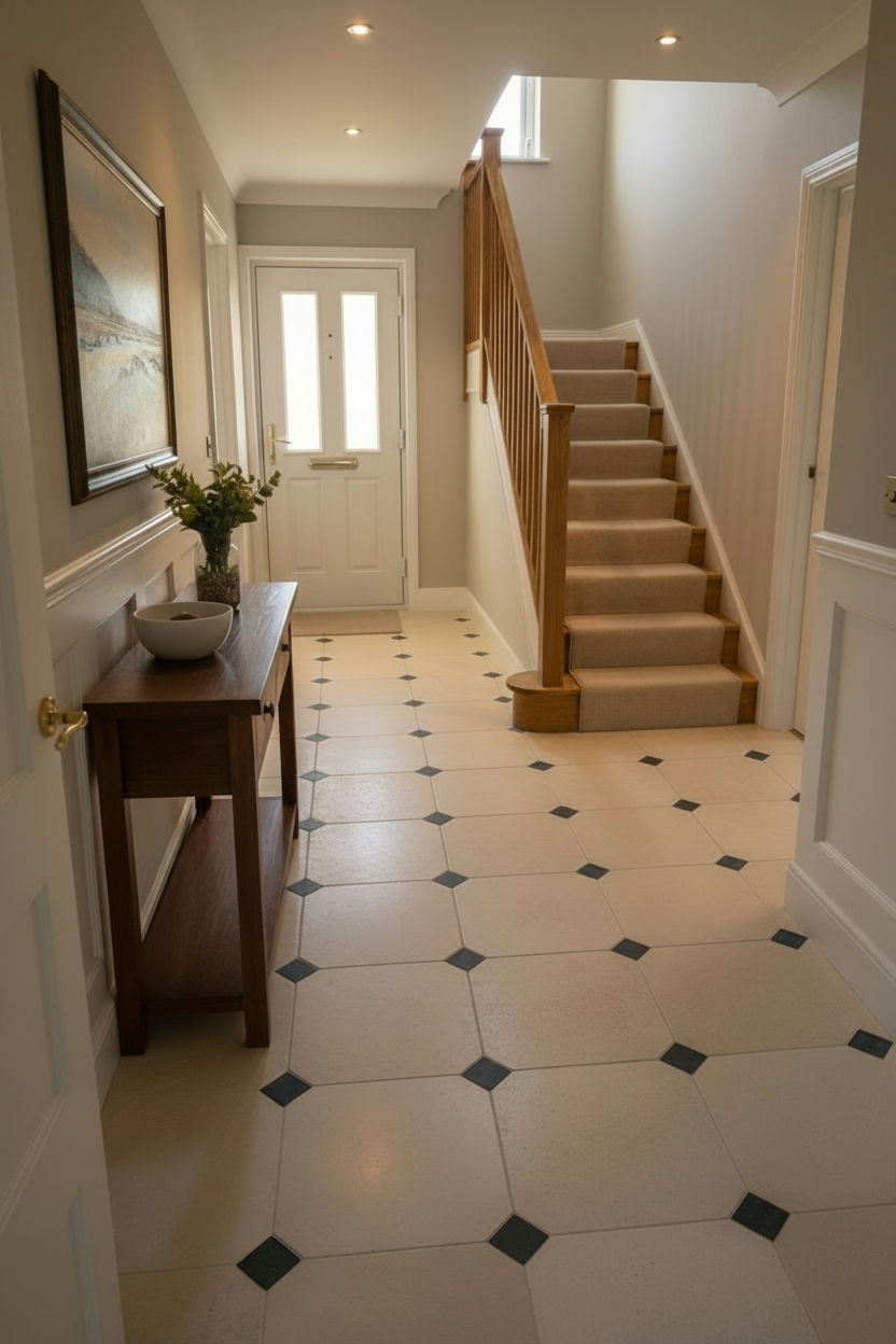 Limestone Octagon and Dot Hallway Floor Tile 2