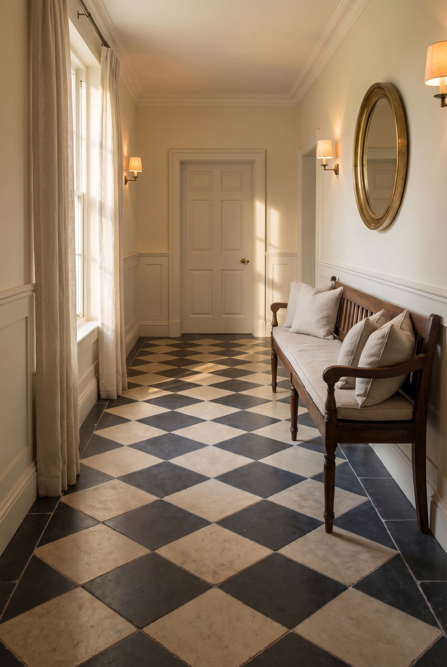 Stylish interior with chequerboard floor, wooden bench, and wall mirror.