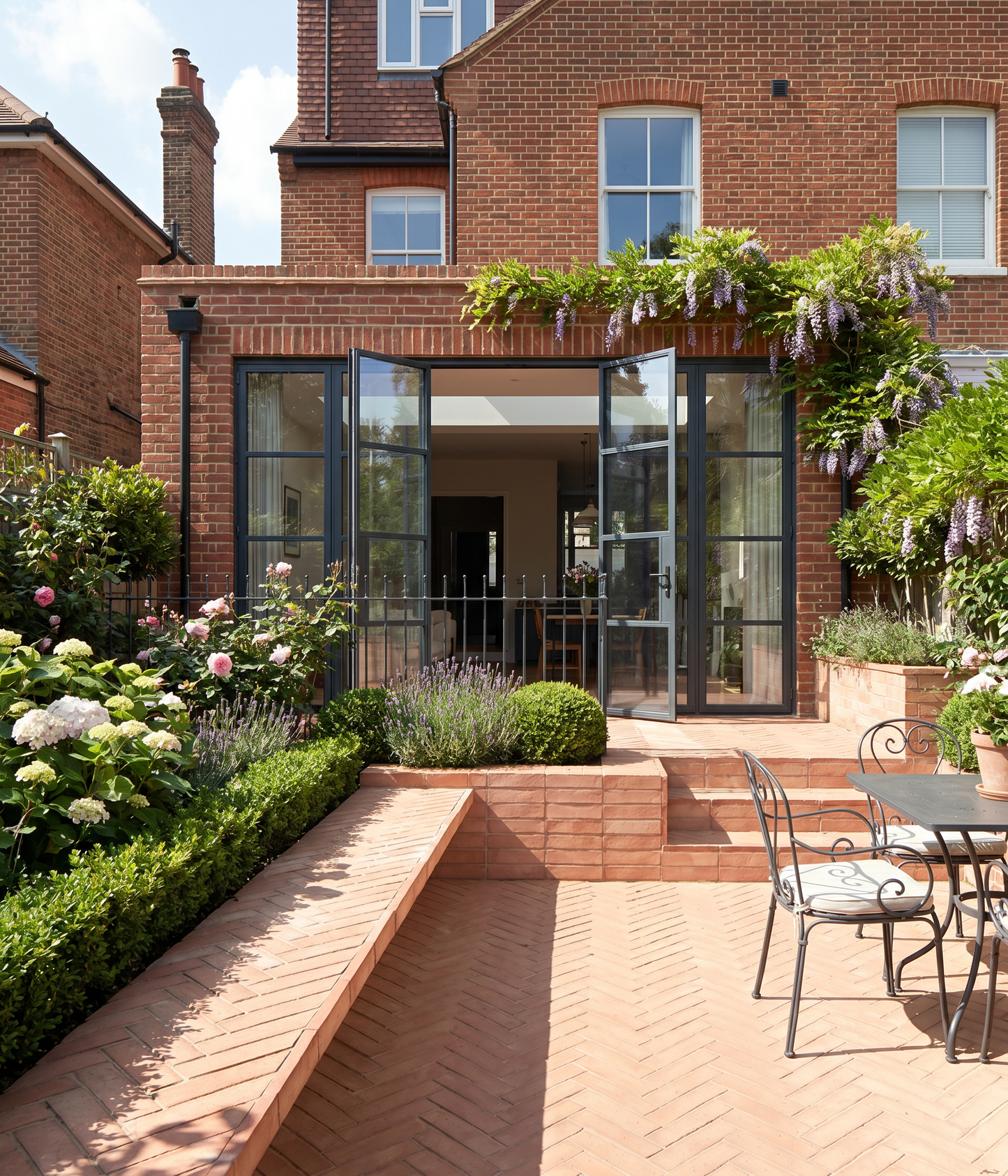 Outdoor patio area with garden and brick building
