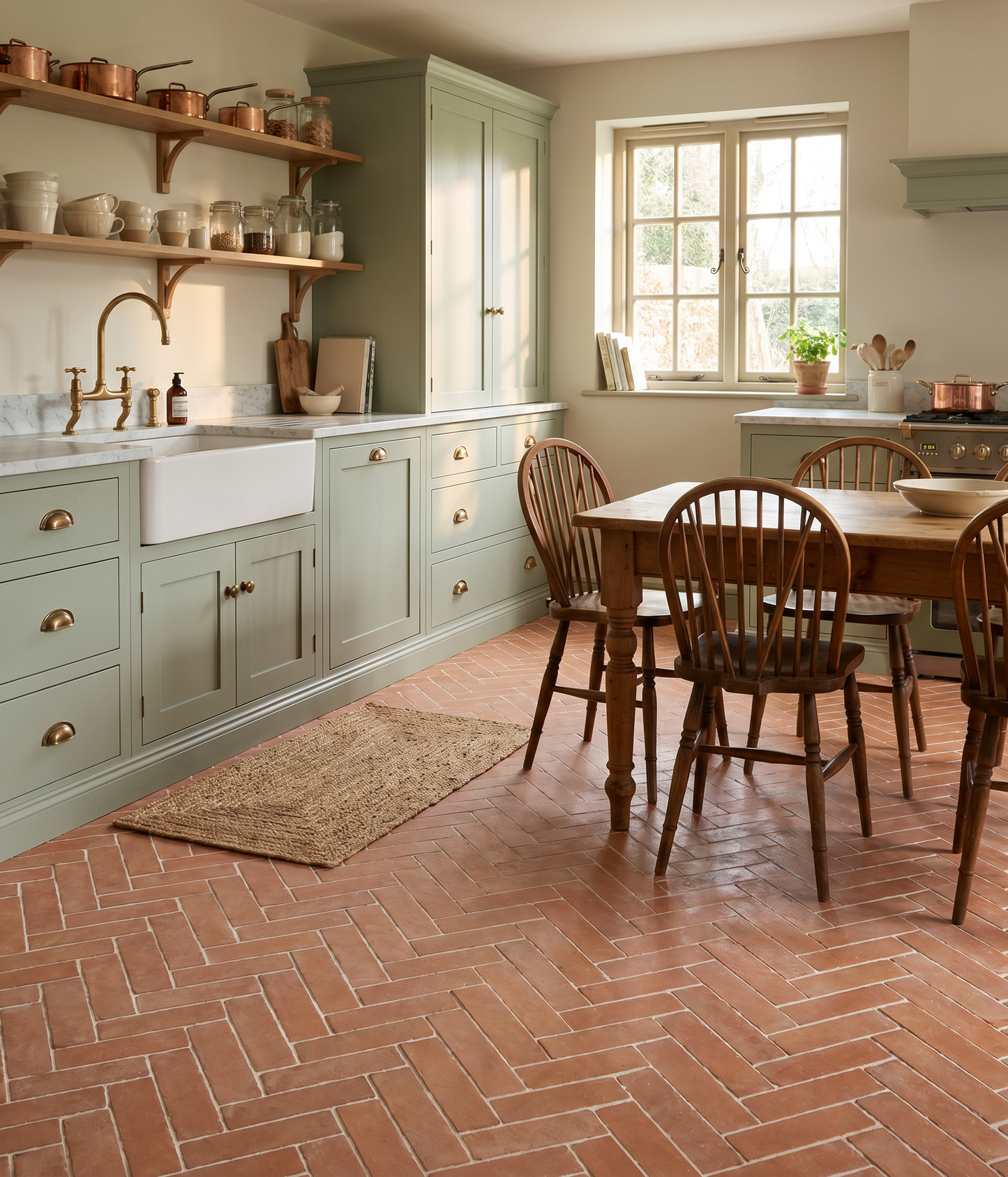 Kitchen with green cabinets, wooden dining table, and brick floor.