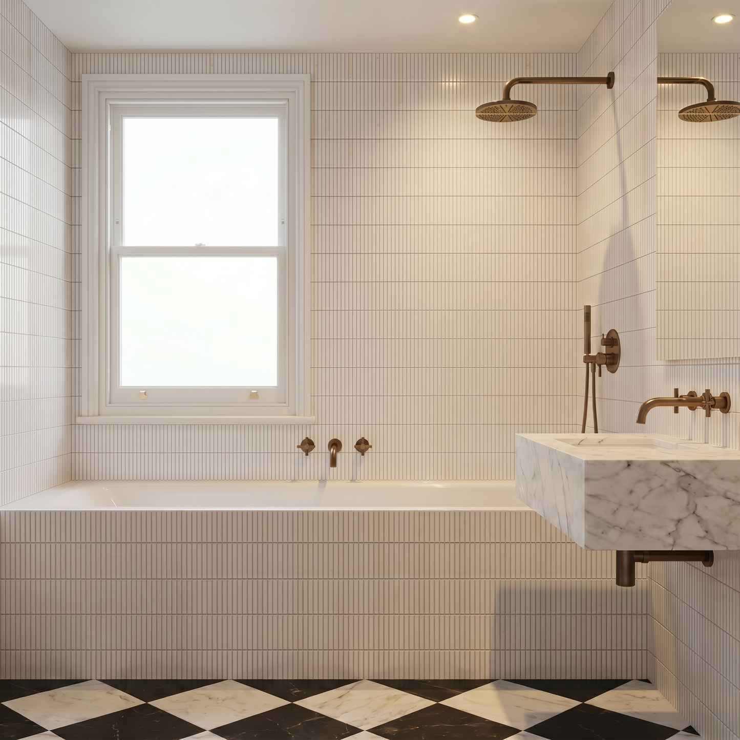 Modern bathroom with tiled walls, a bathtub, and a sink.