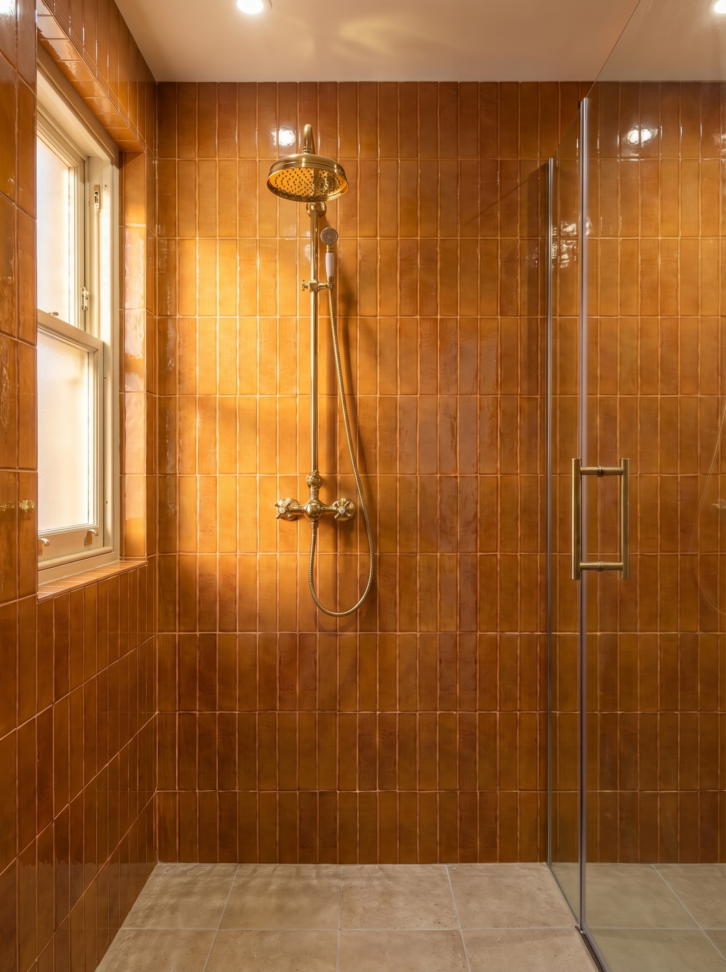 Shower area with orange tiled walls and a glass door.