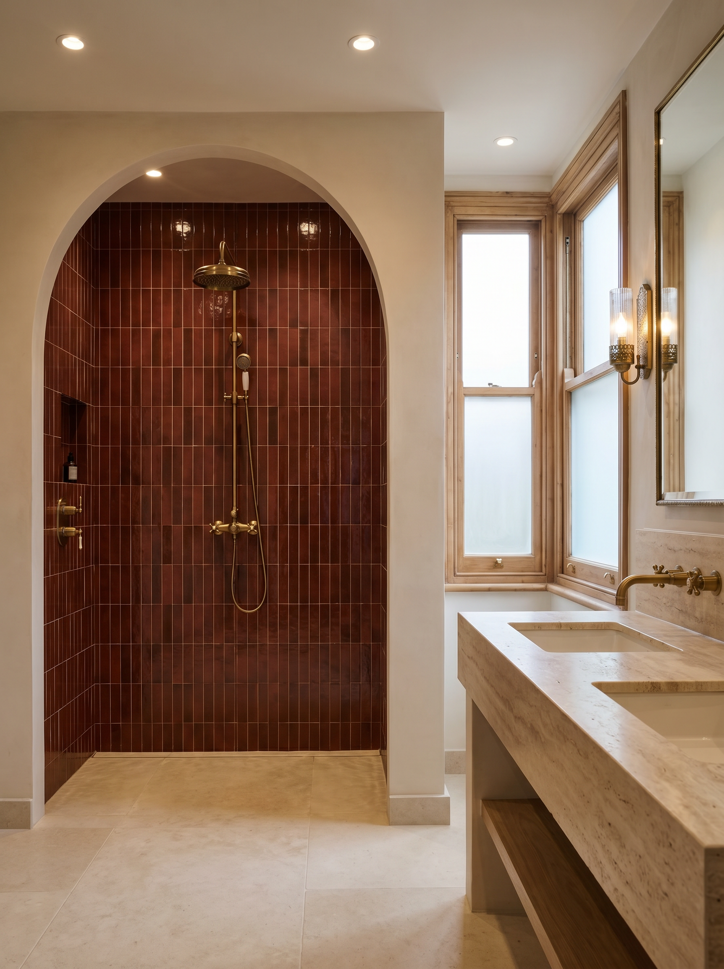 Bathroom with a walk-in shower, sink, and large mirror.