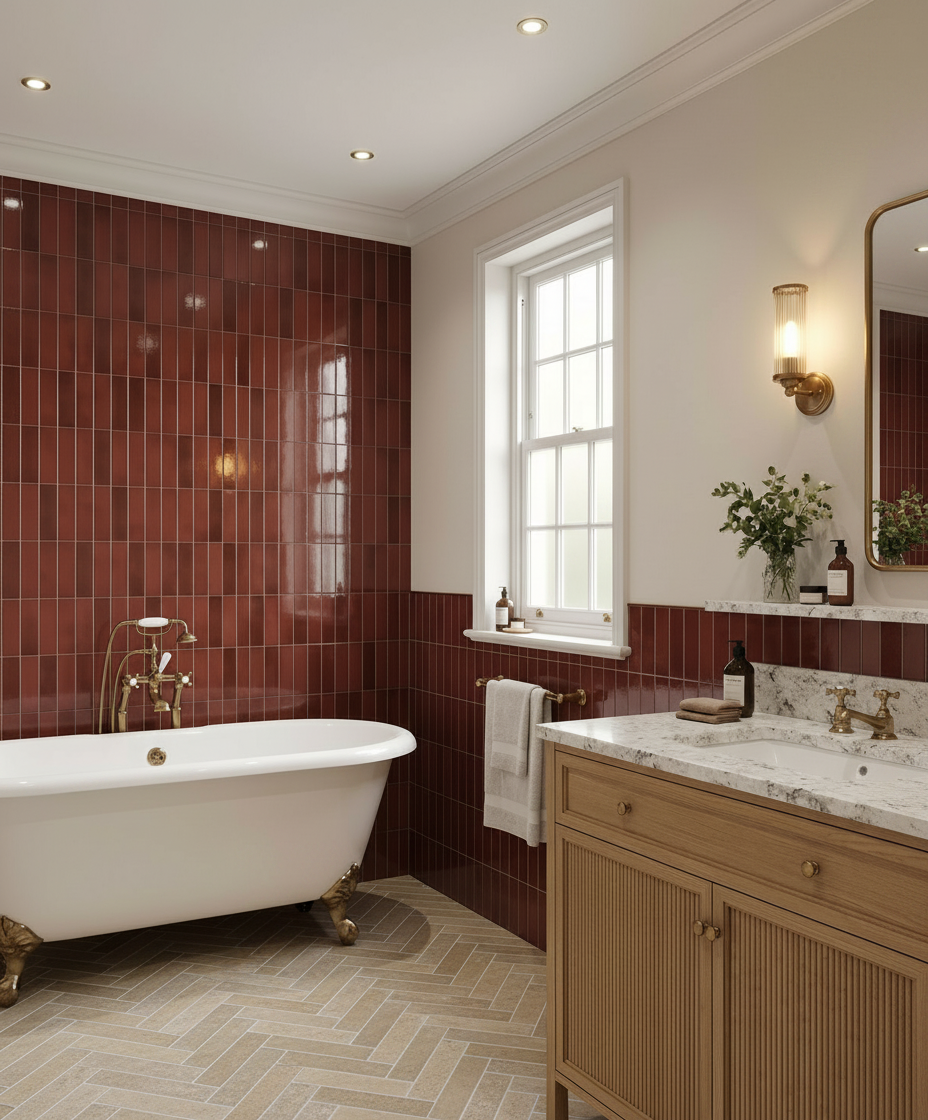 Red Bejmat tiles Bathroom with limestone parquet floor