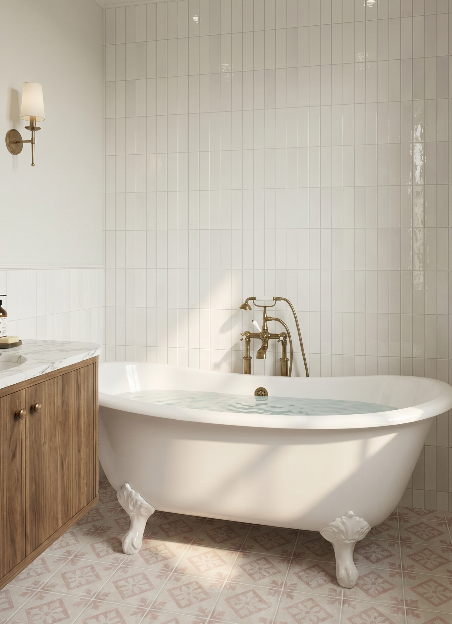 Bathroom with a freestanding bathtub, wooden cabinet, and tiled walls.