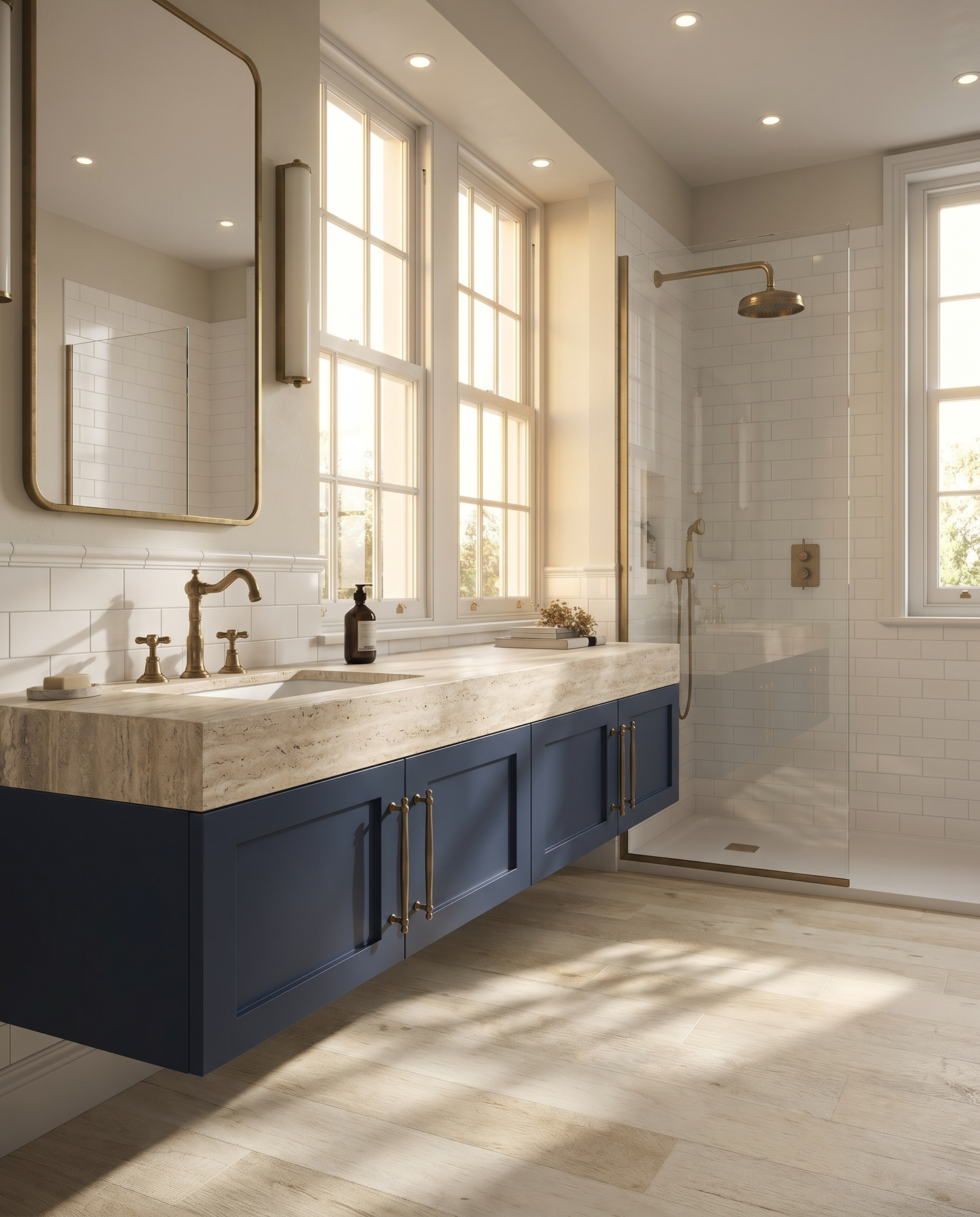 Modern bathroom with blue vanity, large mirror, and shower area.