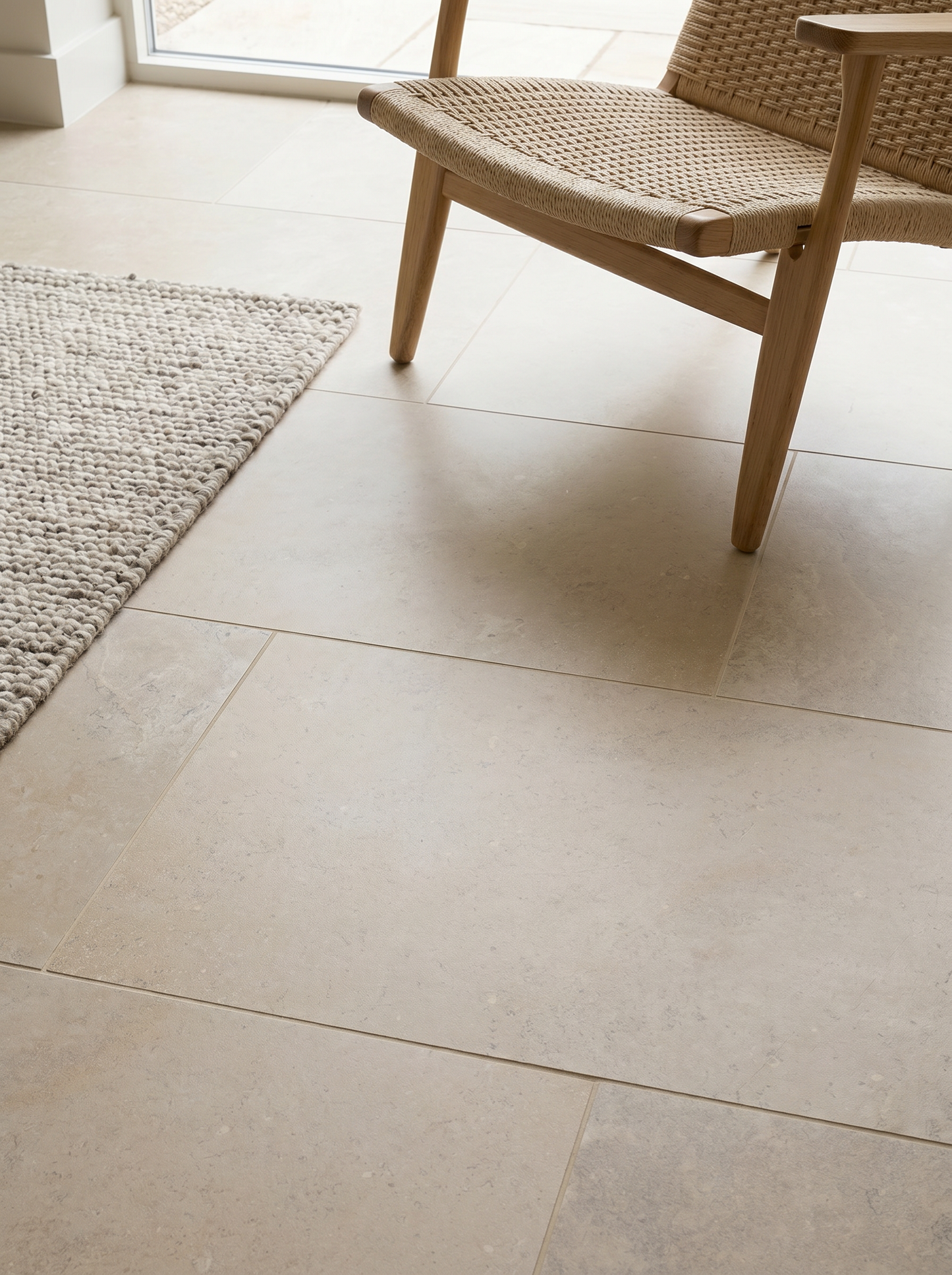 Beige tiles on a floor with a woven chair in the background