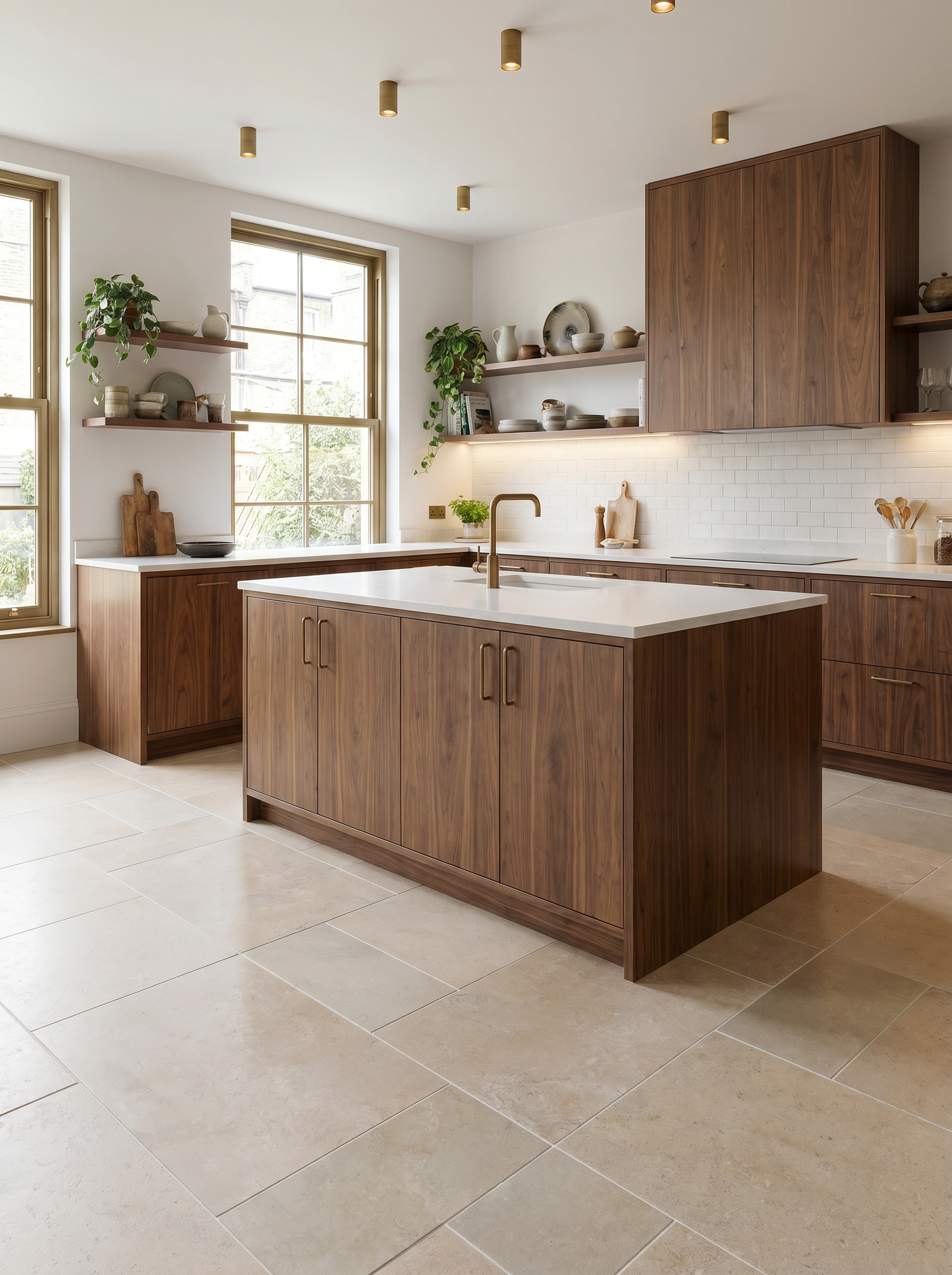 Modern kitchen with wooden cabinets and white countertops