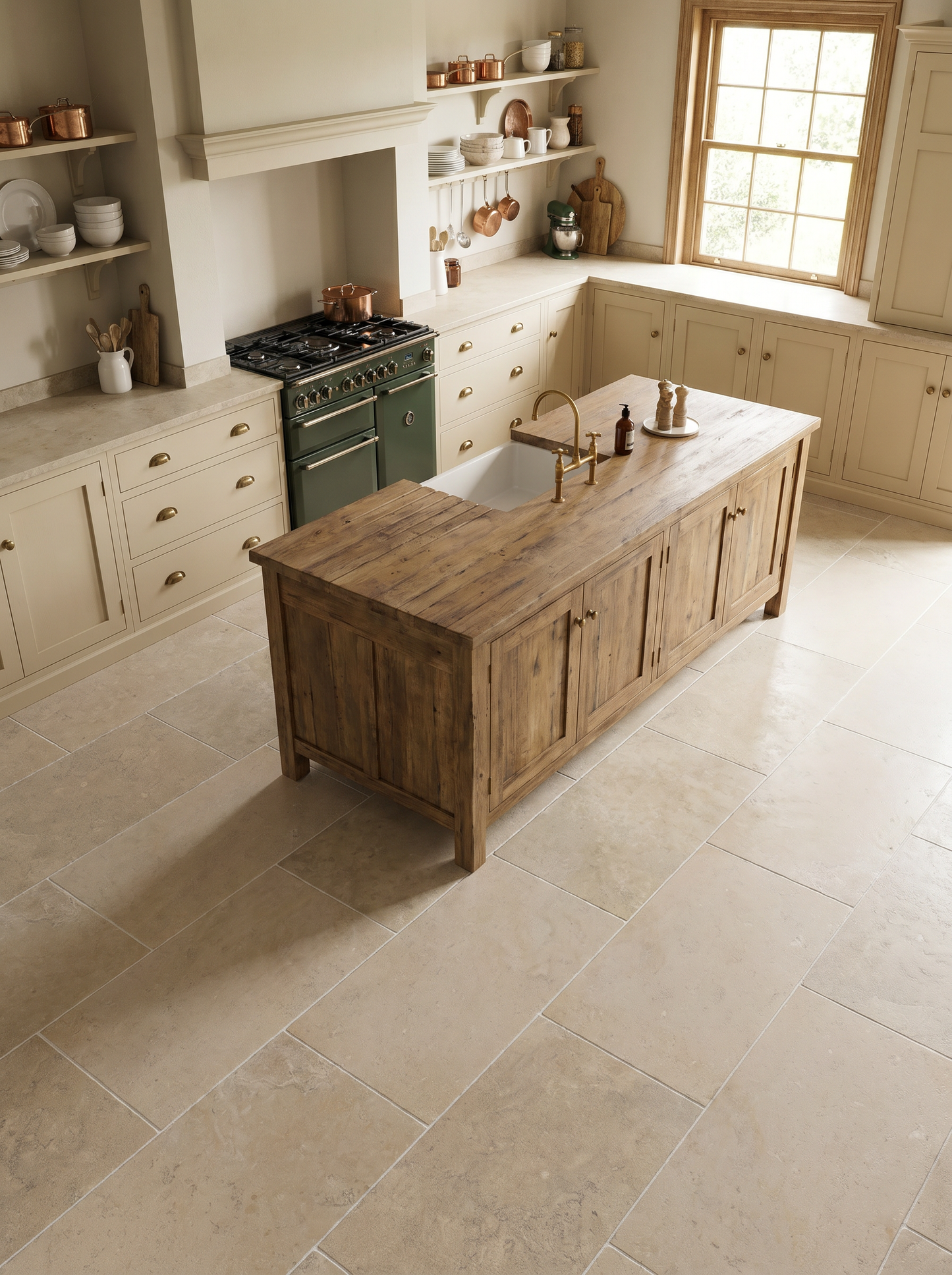 Kitchen with wooden island, green stove, and cream cabinets.