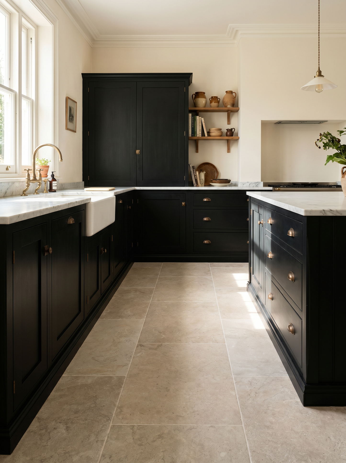 Modern kitchen with black cabinets, white countertops, and a tiled floor.