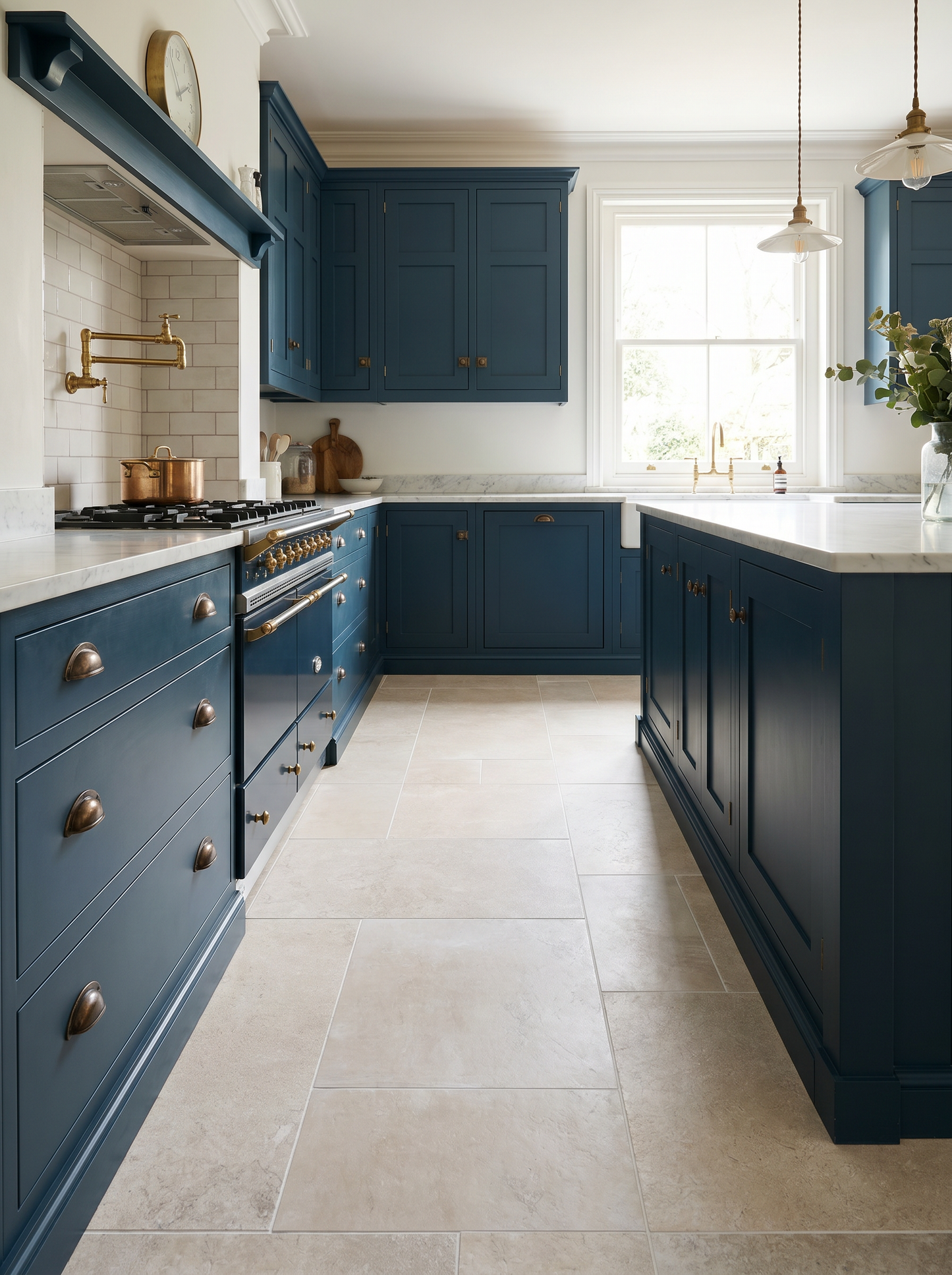 Modern kitchen with blue cabinets, white countertops, and tiled floor.