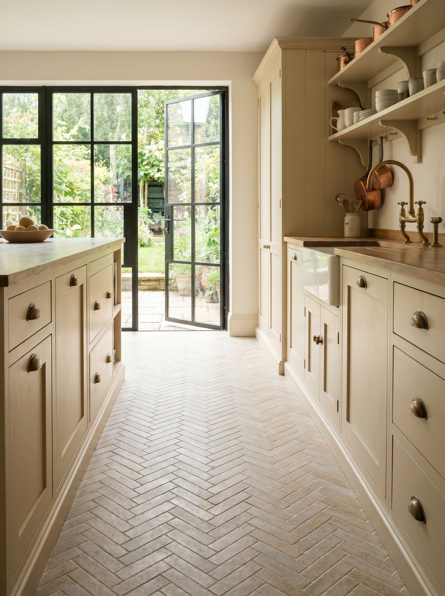 Modern kitchen with beige cabinets, a island, and herringbone wood floor.