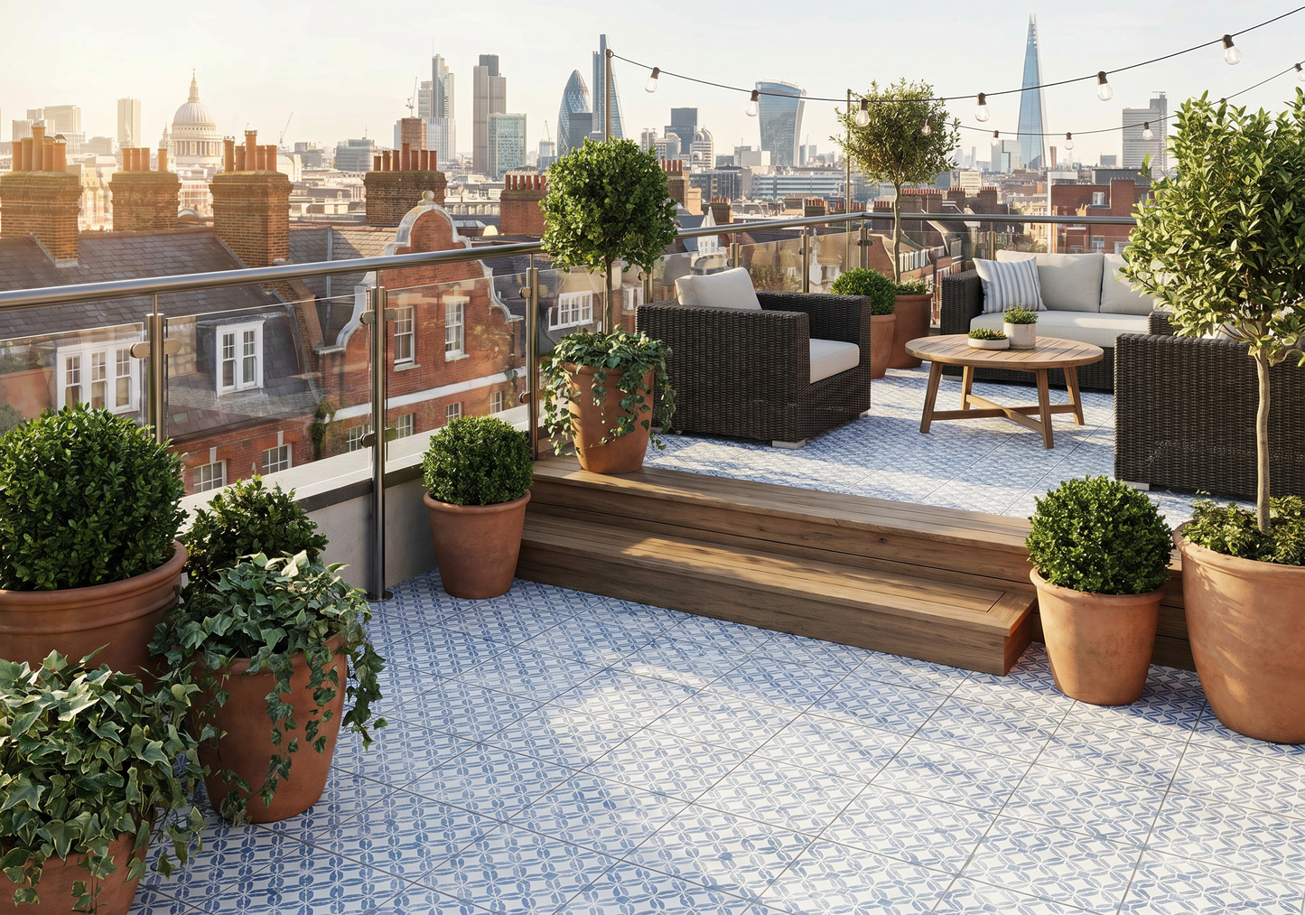 Roof terrace with urban skyline, potted plants, and outdoor furniture.