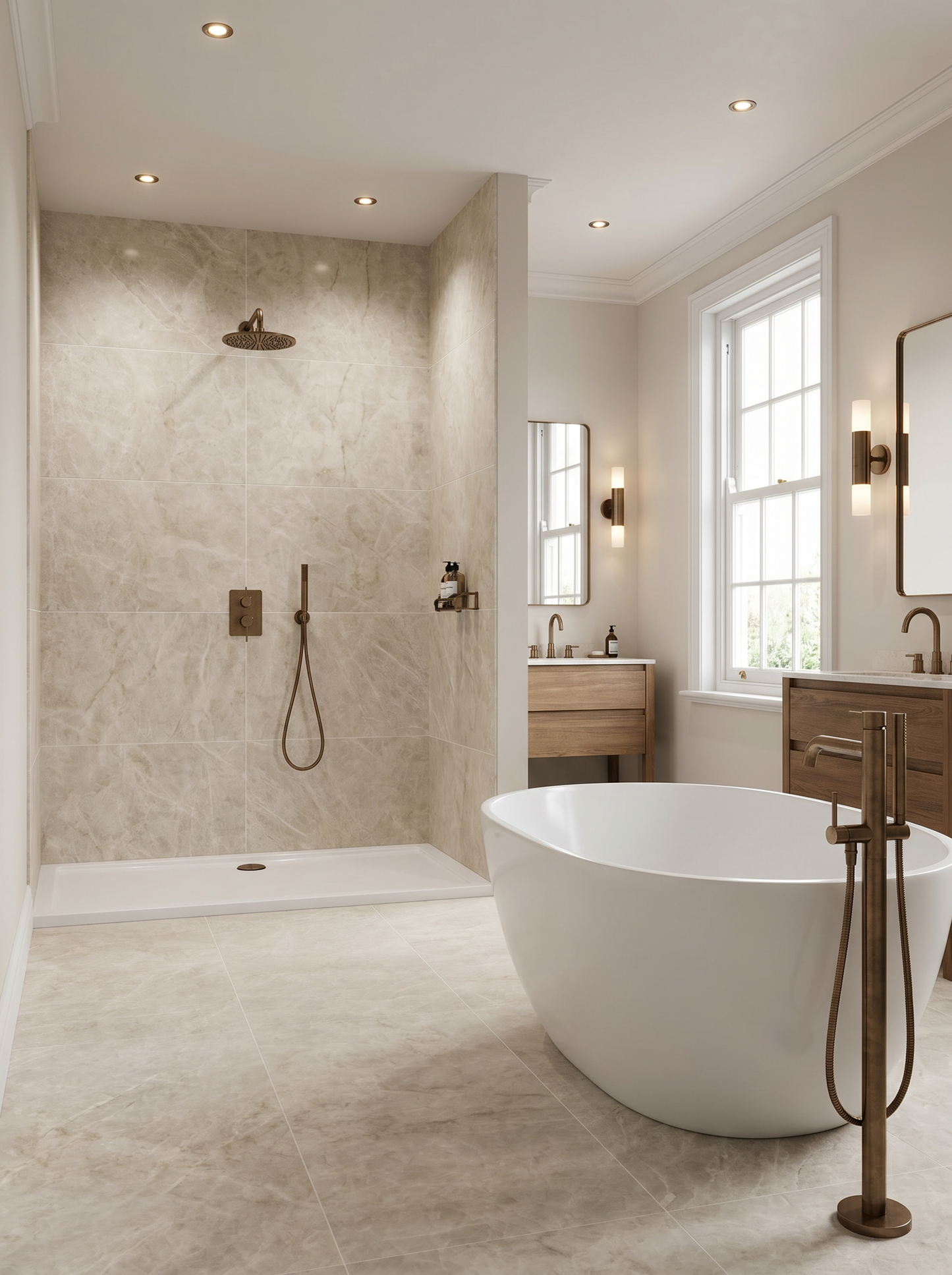 Modern bathroom with freestanding bathtub, shower, and vanity.