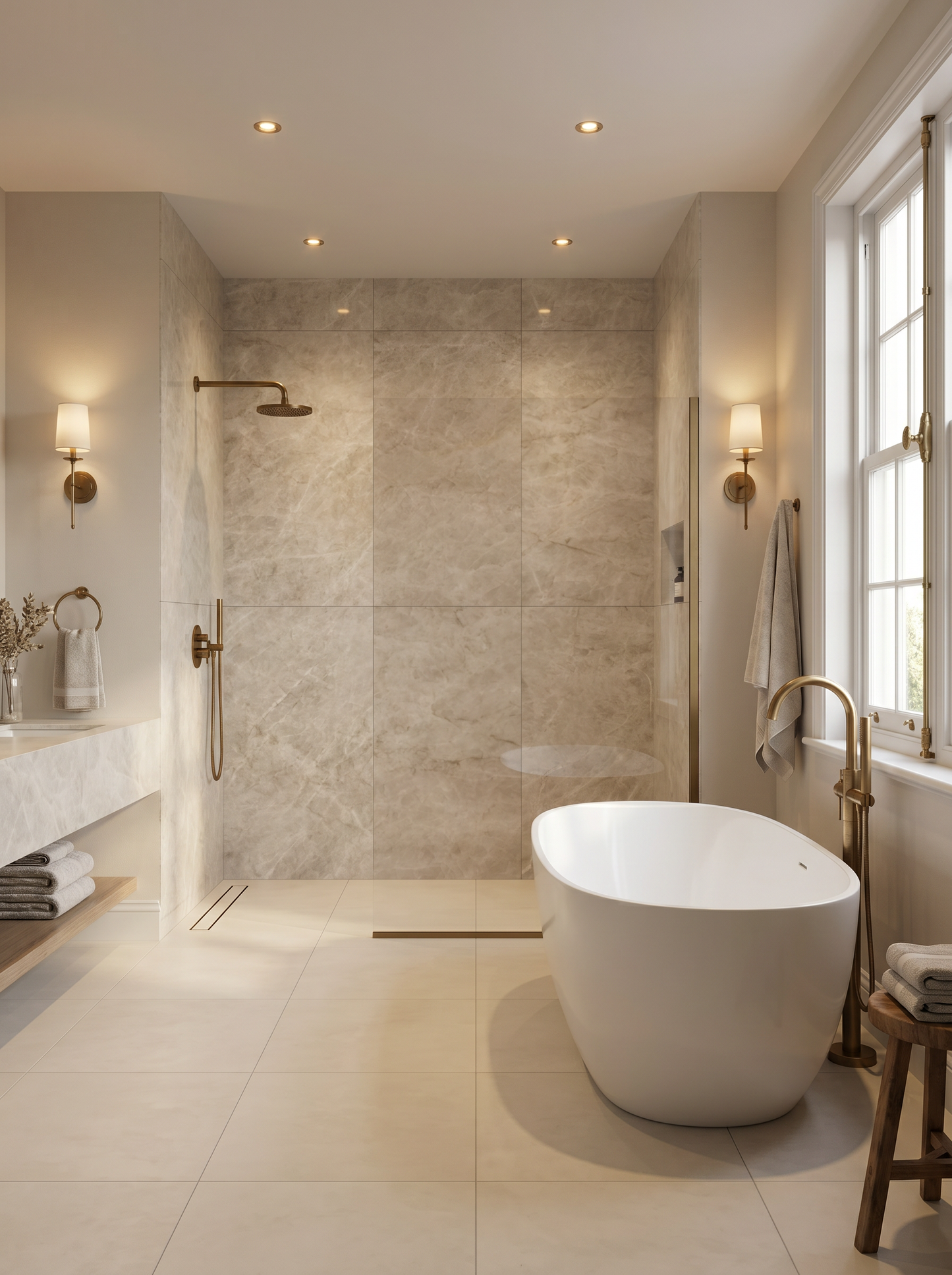 Modern bathroom with freestanding bathtub, shower, and wall lights.