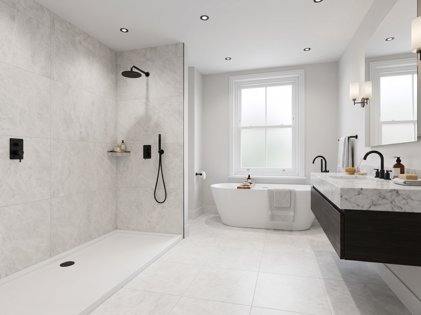 Modern bathroom with shower, bathtub, and vanity area.