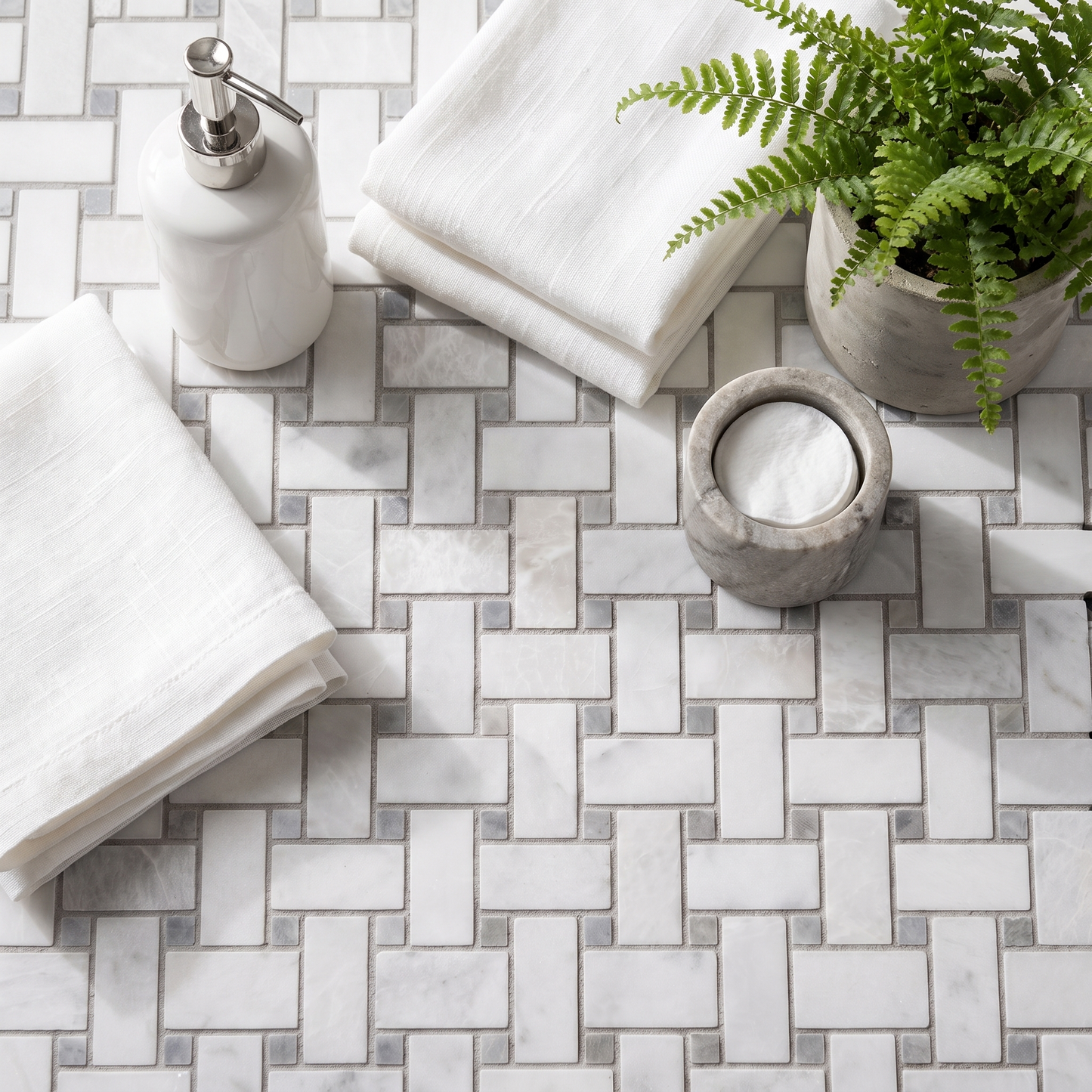 Venti Carrara Marble Honed Basketweave (Nero Gris Dot) Mosaic