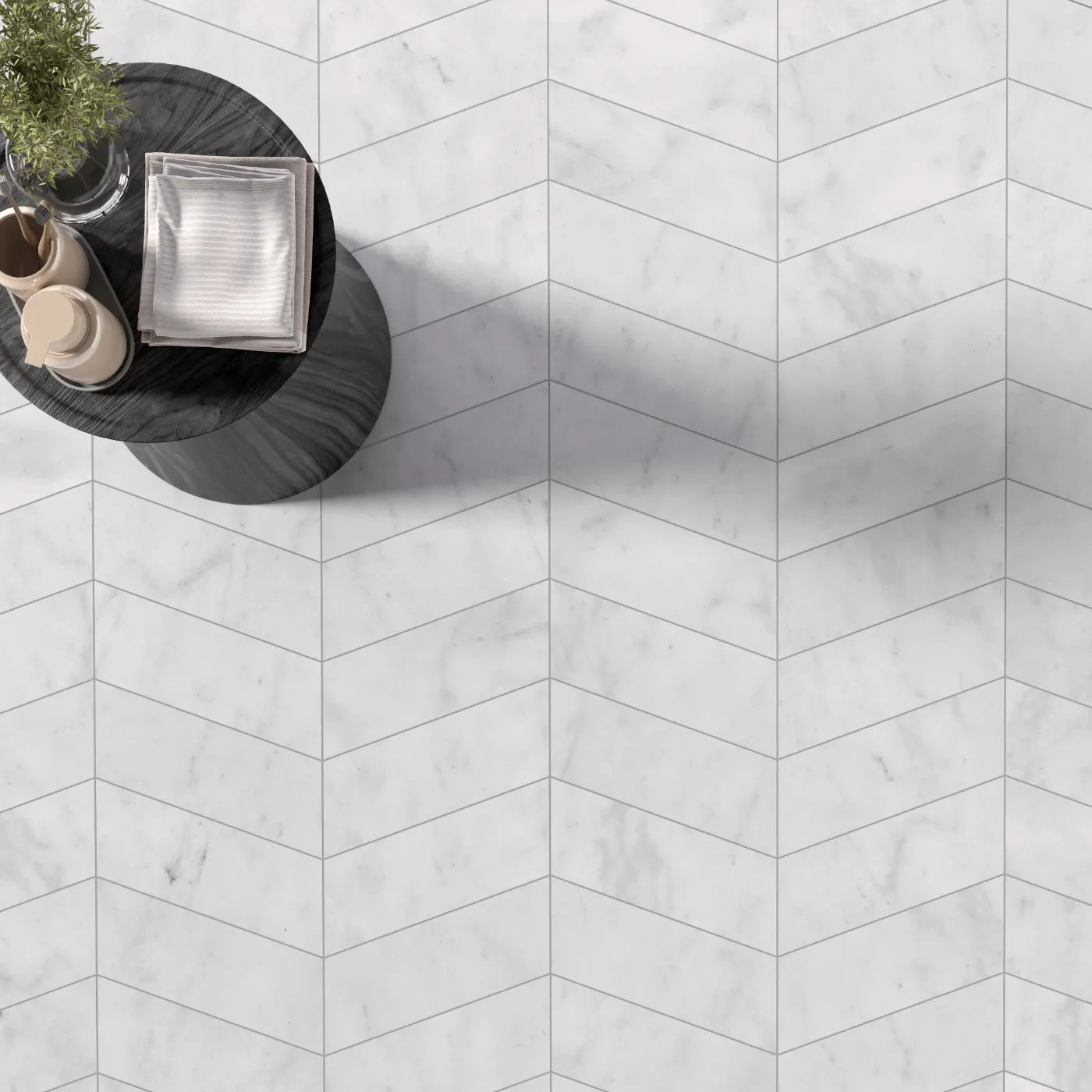 Carrara White Honed Marble Chevron