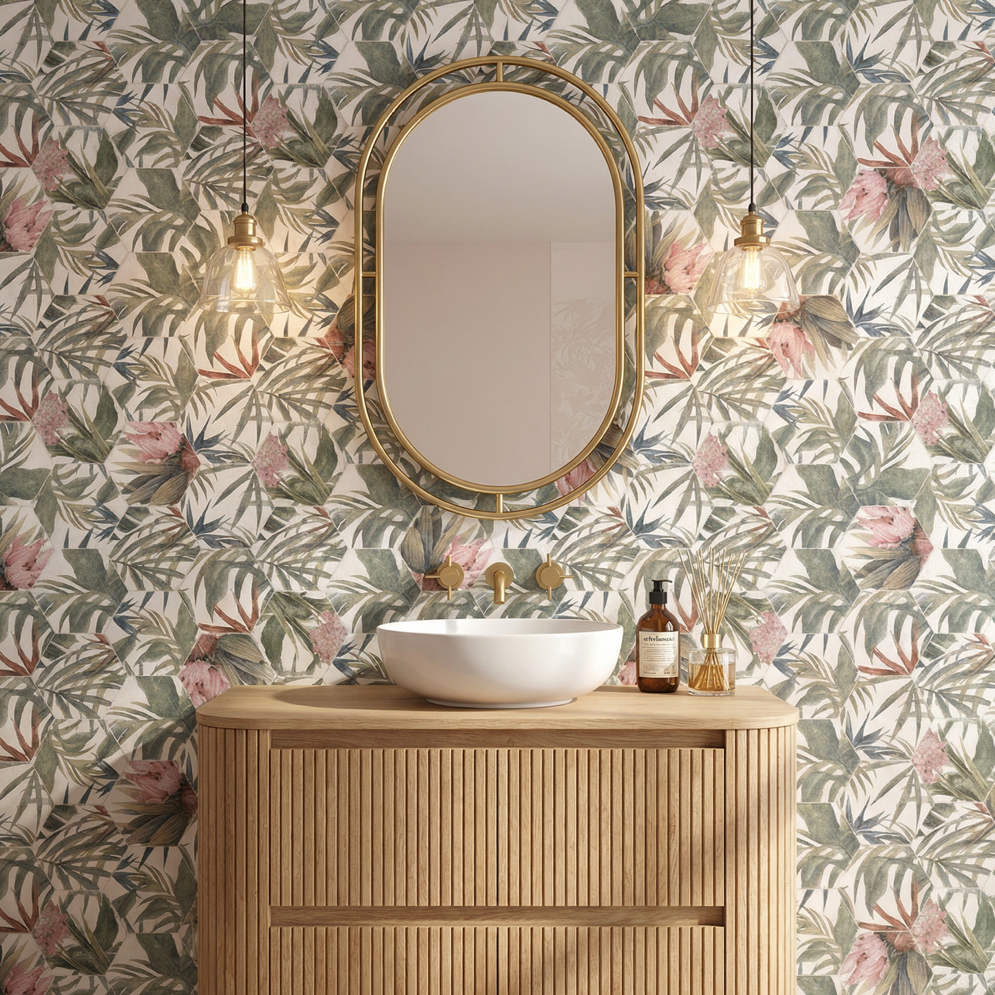 Bathroom with floral wallpaper, wooden vanity, and oval mirror.