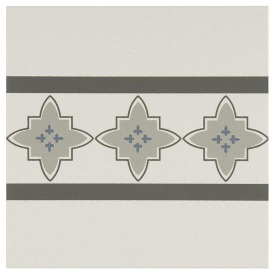 Marrakech Border Light Blue, Light Grey and Dark Grey on Dover White